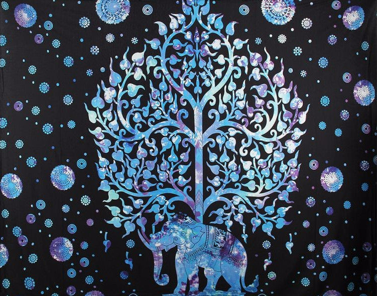 Blue Space Elephant Mandala Tapestry